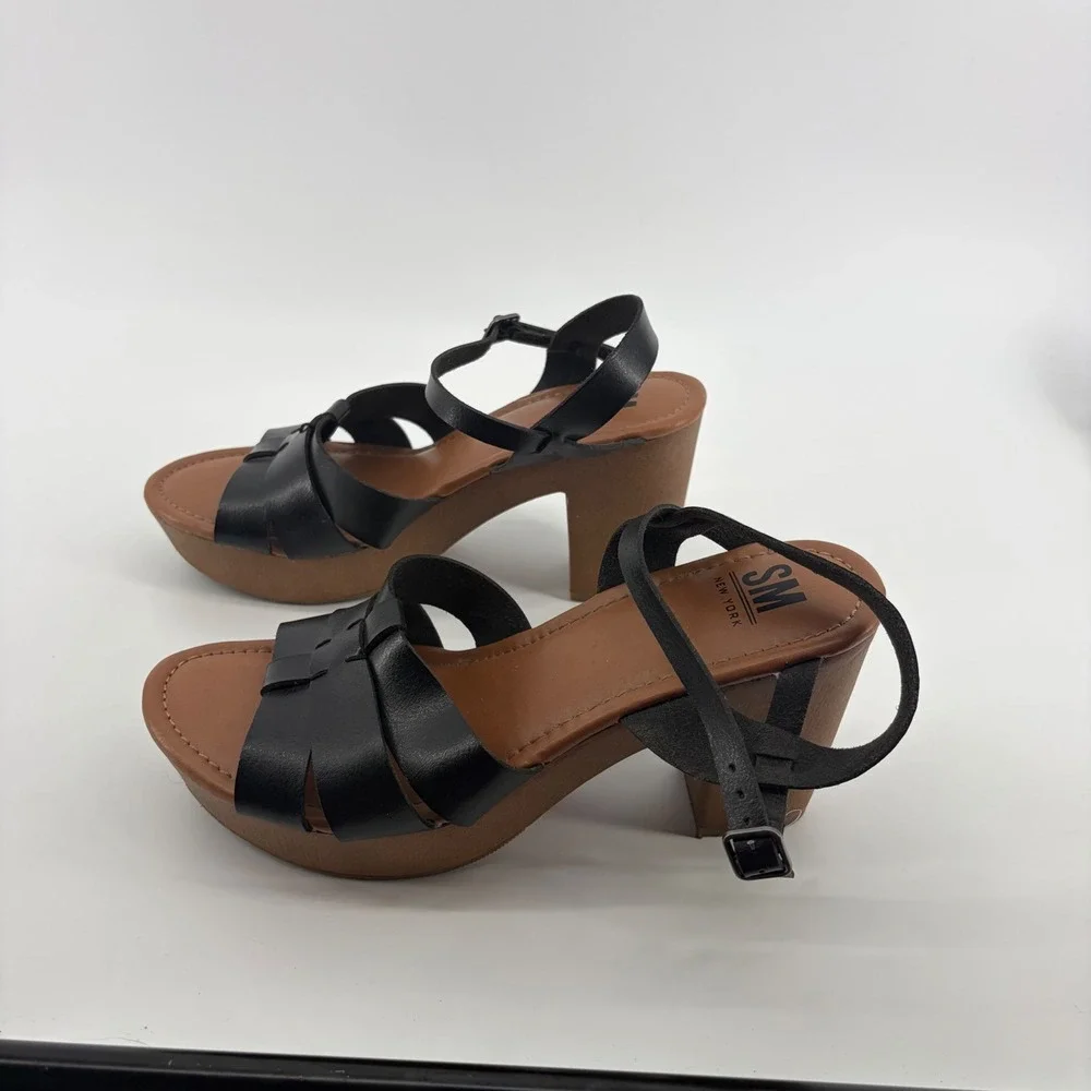 SM New York Womens 9.5 Black Winter Platform Block Heel Strappy Sandals